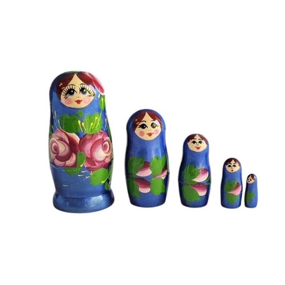Russian Nesting Dolls Set of 5 Hand painted‎ Blue Floral Woman Aprox 6"